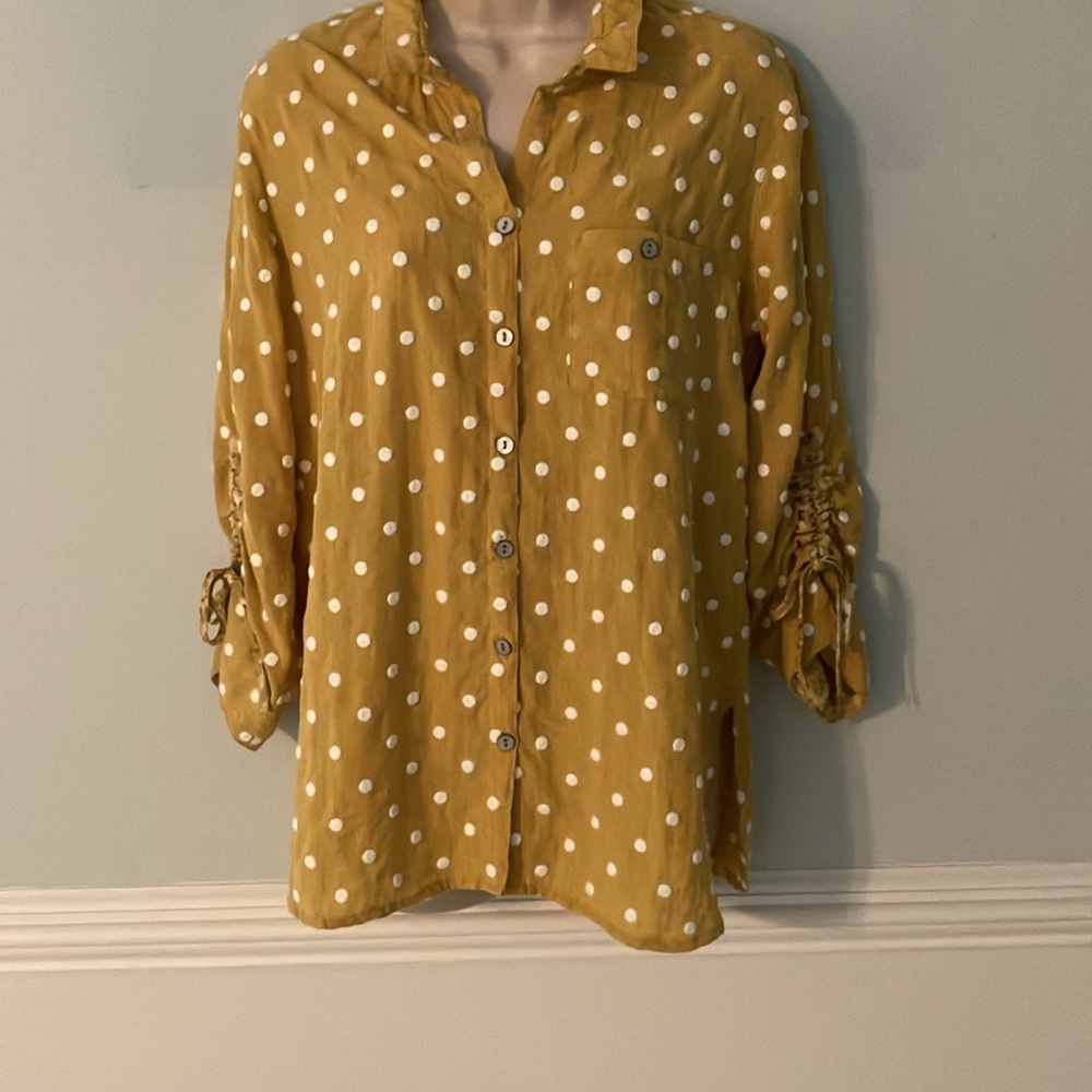 John Mark blouse top button down collar bohemian ruched polka dot retro 50s S